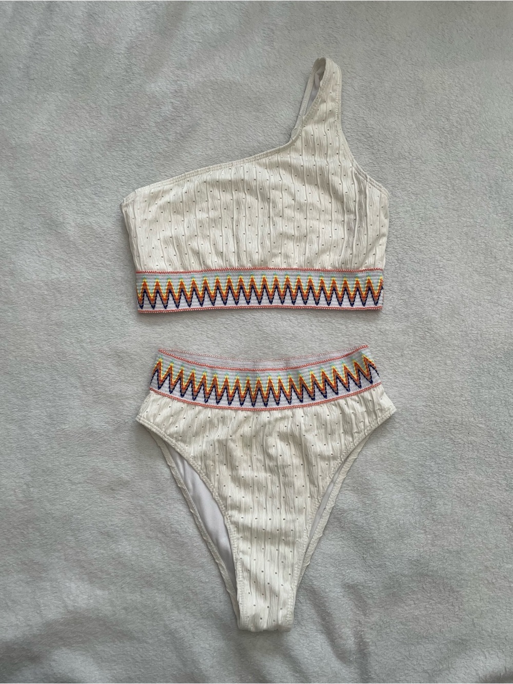 Womens sz M One-Shoulder Cream Two-Piece Swim Set with Rainbow Embroidered Trim